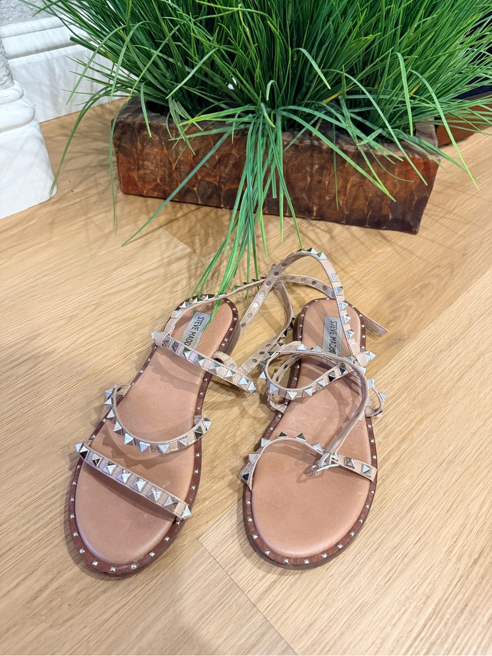 Steve Madden Beige Studded Strappy Flat Sandals